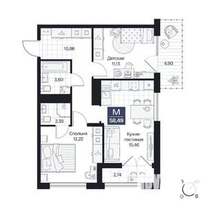 2-к квартира, вторичка, 58м2, 5/10 этаж