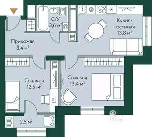 2-к квартира, строящийся дом, 54м2, 15/24 этаж
