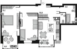 2-к квартира, вторичка, 59м2, 6/6 этаж