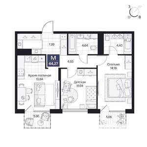 2-к квартира, вторичка, 64м2, 3/10 этаж