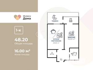 1-к квартира, вторичка, 48м2, 2/20 этаж