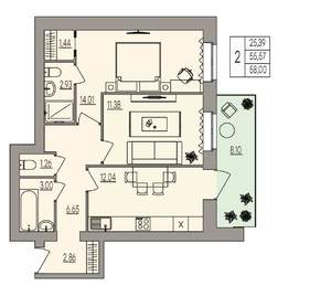 2-к квартира, вторичка, 58м2, 1/3 этаж