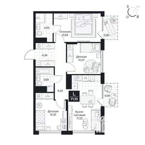 3-к квартира, вторичка, 71м2, 2/10 этаж