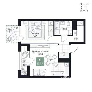 1-к квартира, вторичка, 41м2, 6/9 этаж