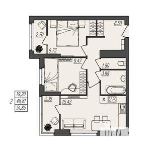 2-к квартира, вторичка, 52м2, 3/17 этаж