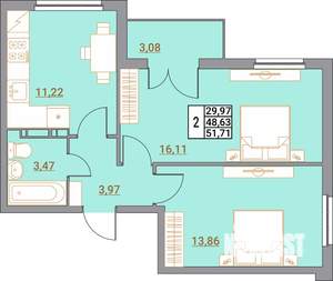 2-к квартира, вторичка, 52м2, 5/5 этаж