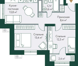 2-к квартира, вторичка, 54м2, 14/24 этаж