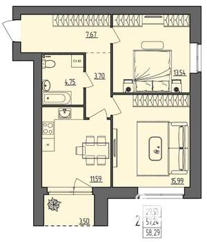 2-к квартира, вторичка, 58м2, 1/4 этаж