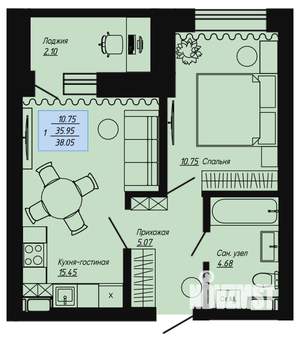 1-к квартира, вторичка, 38м2, 1/16 этаж