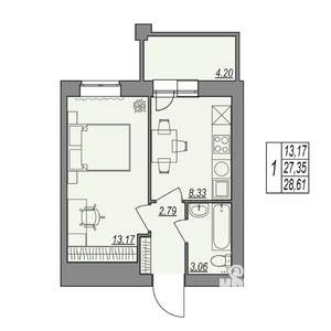 1-к квартира, строящийся дом, 29м2, 5/7 этаж