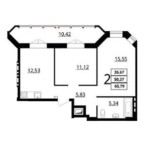 2-к квартира, сданный дом, 61м2, 6/7 этаж