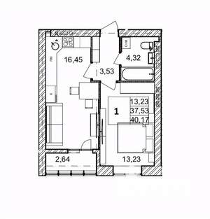 1-к квартира, вторичка, 40м2, 1/9 этаж