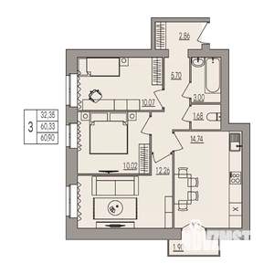 3-к квартира, вторичка, 61м2, 3/3 этаж