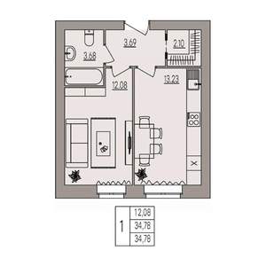 1-к квартира, вторичка, 35м2, 1/3 этаж
