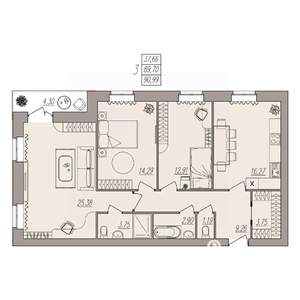 3-к квартира, вторичка, 91м2, 1/3 этаж
