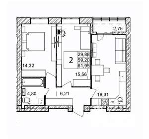 2-к квартира, вторичка, 62м2, 9/9 этаж