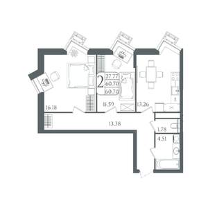2-к квартира, вторичка, 61м2, 19/21 этаж