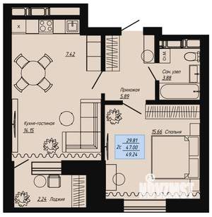 2-к квартира, вторичка, 49м2, 11/16 этаж