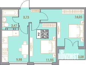 2-к квартира, вторичка, 46м2, 5/5 этаж