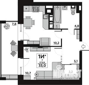 1-к квартира, вторичка, 33м2, 7/7 этаж