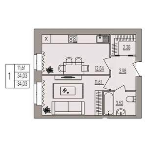 1-к квартира, вторичка, 34м2, 3/3 этаж