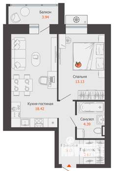 1-к квартира, вторичка, 45м2, 2/8 этаж