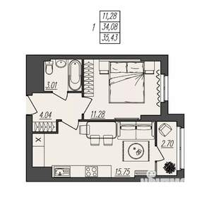 1-к квартира, вторичка, 35м2, 3/17 этаж