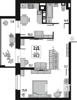 2-к квартира, вторичка, 49м2, 1/7 этаж