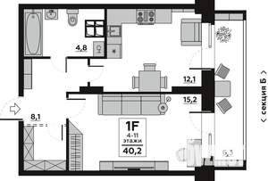 1-к квартира, вторичка, 40м2, 6/19 этаж