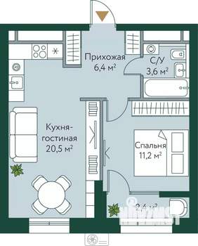 1-к квартира, строящийся дом, 44м2, 18/24 этаж