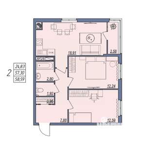 2-к квартира, вторичка, 59м2, 5/8 этаж