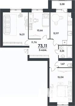 3-к квартира, строящийся дом, 73м2, 3/4 этаж