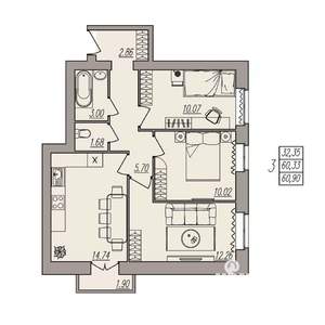 3-к квартира, вторичка, 61м2, 2/3 этаж