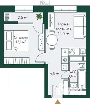 1-к квартира, строящийся дом, 37м2, 24/24 этаж