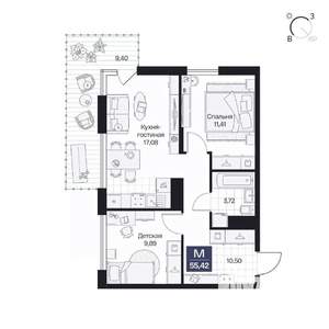2-к квартира, вторичка, 55м2, 5/10 этаж