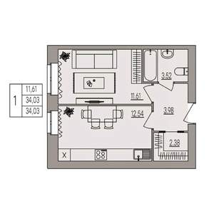 1-к квартира, вторичка, 34м2, 2/3 этаж