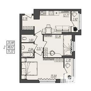 2-к квартира, вторичка, 51м2, 2/17 этаж