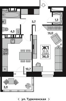1-к квартира, вторичка, 36м2, 15/20 этаж