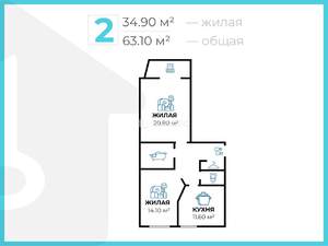 2-к квартира, вторичка, 63м2, 15/18 этаж