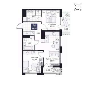 2-к квартира, вторичка, 59м2, 3/9 этаж