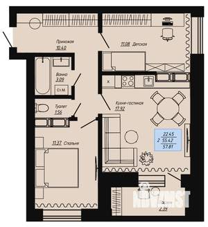 2-к квартира, строящийся дом, 58м2, 12/16 этаж