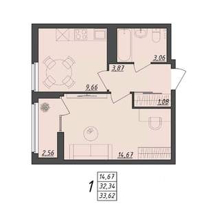 1-к квартира, вторичка, 34м2, 9/10 этаж