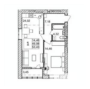 1-к квартира, вторичка, 53м2, 6/9 этаж