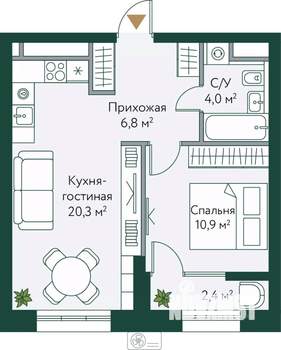 1-к квартира, строящийся дом, 44м2, 10/24 этаж