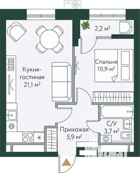1-к квартира, вторичка, 44м2, 14/24 этаж