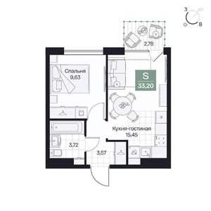 1-к квартира, вторичка, 33м2, 5/9 этаж