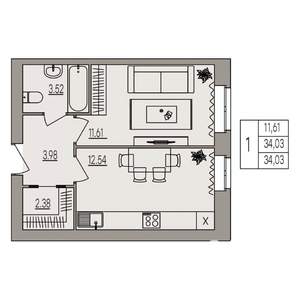 1-к квартира, вторичка, 34м2, 1/3 этаж