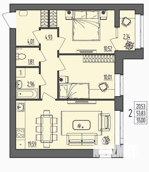 2-к квартира, вторичка, 55м2, 3/4 этаж