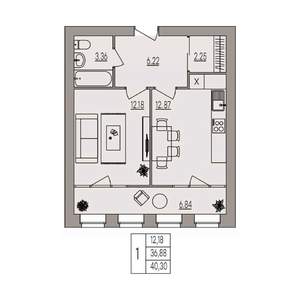 1-к квартира, вторичка, 40м2, 1/3 этаж