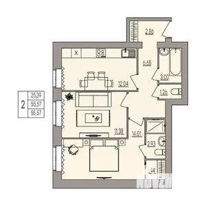 2-к квартира, вторичка, 56м2, 2/3 этаж